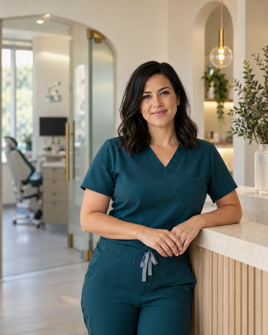 Dentist in teal scrubs leaning on the reception desk of a bright, modern dental practice